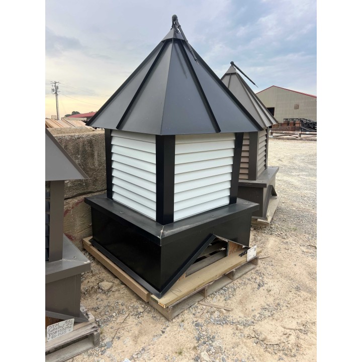 48" BLACK ROOF, CORNERS, AND BASE, PURE WHITE LOUVERS 6/12, WEATHERVANE: EAGLE