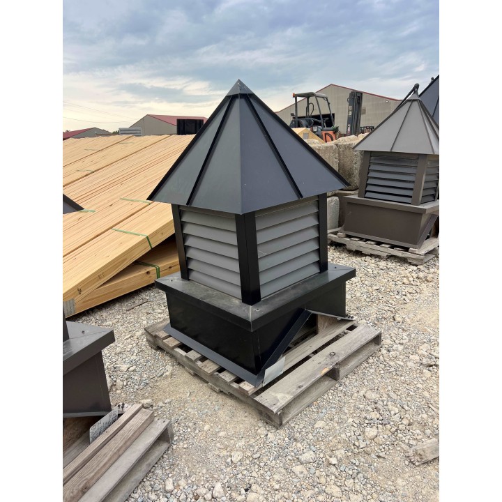 36" BLACK ROOF, BASE, AND CORNERS, COUNTY CHARCOAL LOUVERS 6/12 WEATHERVANE: HORSE