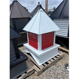 36" PURE WHITE ROOF, CORNERS, AND BASE, BRIGHT RED LOUVERS 4/12 WEATHERVANE: SPEAR