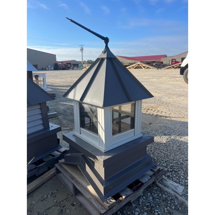 24" COUNTY CHARCOAL ROOF AND BASE, WHITE CORNERS, GLASS LOUVERS, 4/12 WEATHERVANE: ROOSTER