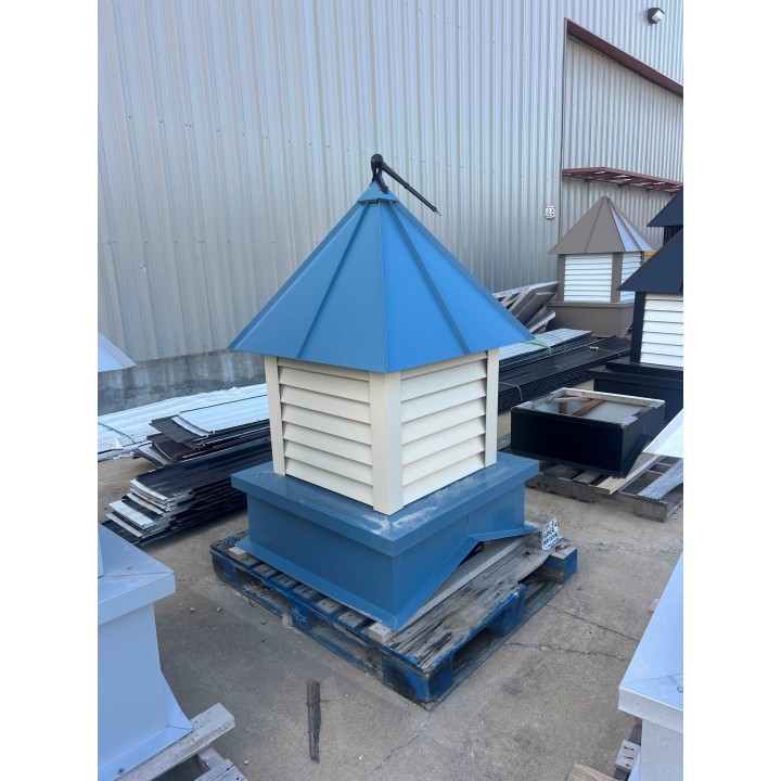 36" Hawaiian Blue Base Roof and Base, Ivory Louvers and Corners, Weathervane: Rooster 3/12